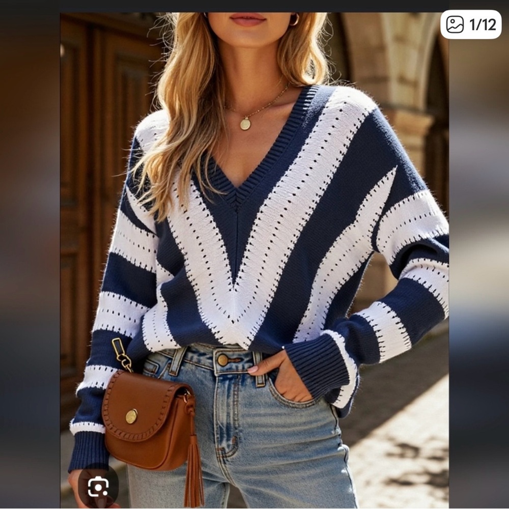 PrettyGarden Navy & White Striped V-Neck Sweater - Varsity Style | Women | SZ M